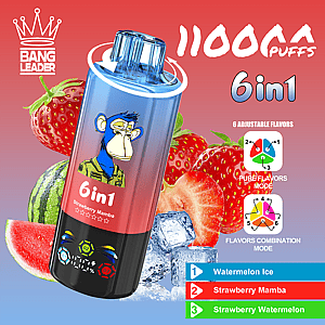 Promotional image for Bang Leader 6in1 disposable vape showing a blue and black bottle with a cartoon monkey, surrounded by strawberries, watermelon and ice, highlighting 6 flavors and flavor modes with a legend for Watermelon Ice, Strawberry Mamba, and Strawberry Watermelon.