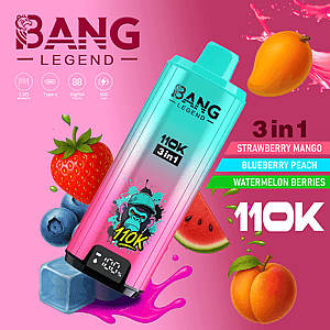 Felroze gradiënt advertentie met een turquoise Bang Legend 3in1 Vape -apparaat Diagonaal gekanteld, omringd door fruitbeelden (aardbei, mango, bosbessen, watermeloen) en smaaklabels voor aardbeienmango, bosbessenmango, bosbessen perzik en watermeloenbessen, met een gewaagde '110k' en een cartoon op de apparaat.