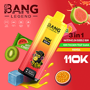 Bright Bang Legend 3 In 1 Vape -advertentie met een diagonaal geel -pink gradiëntapparaat met een apenlogo, omgeven door plakjes watermeloen, kiwi en passievrucht, met gewaagde 110K -tekst en smaaklabels op een rode achtergrond.