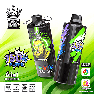Zwei schwarze E-Zigaretten mit neongrünen und violetten Grafiken lehnen sich vor einem hellen Limettenhintergrund und sind mit dem Bang Legend-Branding und einem auffälligen 150K Puffs-Etikett sowie einer Werbung für 6-in-1-Geschmacksrichtungen versehen.