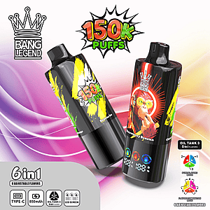 Zwei schwarze Einweg-Vape-Pens von Bang Legend, die über einem Hintergrund mit rosa-lila Farbverlauf angeordnet sind, mit auffälligen 150K Puffs-Grafiken mit den Geschmacksrichtungen Banana Ice und Strawberry Banana und einem Bang Legend-Kronenlogo sowie einem 6-in-1-Geschmacksfeld unten links.