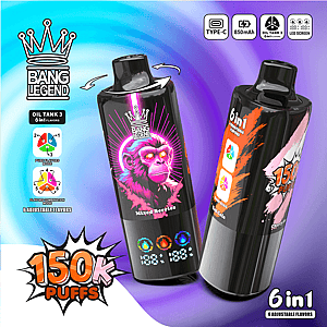 Zwei Bang Legend-Öltank-Vape-Flaschen mit Kronenlogo, die linke Flasche zeigt einen rosa Gorilla für Mixed Berries, vor einem blauen bis violetten Hintergrund mit Farbverlauf und einer auffälligen 150K Puffs-Grafik.