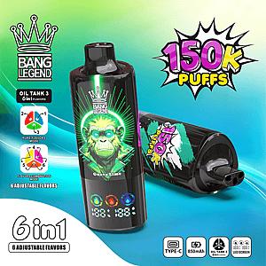 Werbebild für Bang Legend Vape, das eine schwarze Guava Lime-Flasche mit einem grünen neonfarbenen Kronenlogo, eine zweite Kartusche daneben, eine helle „150k Puffs“-Grafik und Symbole für sechs einstellbare Geschmacksrichtungen zeigt.