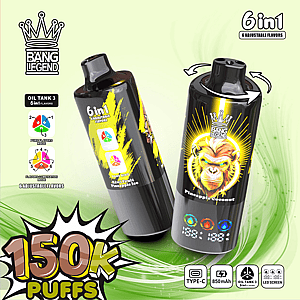 Auf einem Hintergrund mit grünem Farbverlauf stehen zwei schwarze Einweg-Vape-Pens von Bang Legend mit kräftigem gelbem Artwork, begleitet von einer großen 150K PUFFS-Grafik und Etiketten, die Oil Tank 3 mit 6-in-1-einstellbaren Geschmacksrichtungen hervorheben, sowie Anzeigen für Typ-C-Aufladung, 850 mAh und einem LED-Bildschirm.