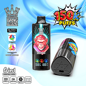 Zwei Bang Legend-Vape-Flaschen auf einem blauen, wirbelnden Hintergrund, eine aufrecht mit einem Watermelon Bubble Gum-Etikett und rotem Akzent und eine andere Flasche auf der Seite, mit einer großen 150K Puffs-Grafik auf der rechten Seite und einem 6-in-1-Geschmackssymbolfeld auf der linken Seite.