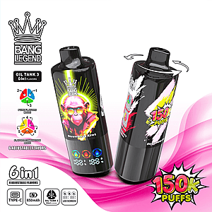 Zwei schwarze Bang Legend-Öltank-Vaporizer mit kräftigem Neon-Artwork lehnen sich vor einem rosafarbenen Wellenhintergrund;