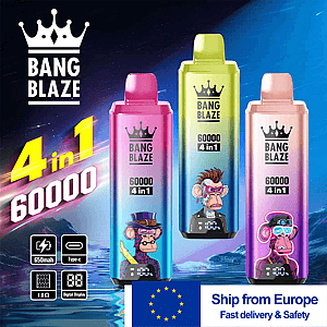 Annonce de vape jetable 4 en 1 Bang Blaze 60000 montrant trois dosettes colorées (rose, vert et violet) avec des personnages de singes de dessins animés sur chacune, sur un fond dégradé bleu avec un drapeau européen et une bannière ' Expédier depuis l'Europe '.