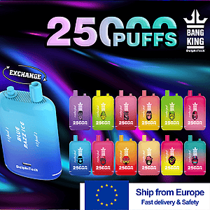 Colorful promotional banner featuring a large blue DelphiTech 'exchange' bottle on the left and a row of multicolored Bang King vape pods labeled 25,000 puffs, with an EU flag and 'Ship from Europe' caption at the bottom.
