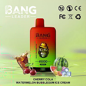Bang Leader vape bottle with a red-to-green gradient sits on a lime background, surrounded by cherries, a watermelon, and colorful fruit icons, with '45000 Puffs' and flavor text Cherry Cola Watermelon Bubblegum Ice Cream.
