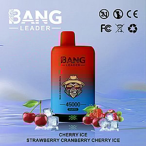 A red-to-blue gradient Bang Leader vape bottle featuring a gorilla with a hat and 45,000 puffs, set among cherries, ice cubes and berries against a blue water background, with the flavor line Cherry Ice Strawberry Cranberry Cherry Ice.