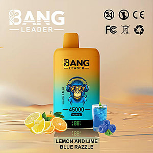 Gradient orange-to-teal bottle with BANG LEADER branding and a blue cartoon character wearing headphones on the front, standing on a reflective surface next to lemon and lime slices and a blue cocktail, with flavor Lemon and Lime Blue Razzle.