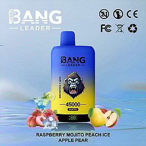 Blue to yellow Bang Leader vape bottle with a fierce gorilla logo, advertising 45,000 puffs, surrounded by fruit visuals and the flavor Raspberry Mojito Peach Ice Apple Pear.