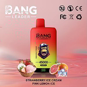 Bang Leader disposable vape bottle with a red-to-yellow gradient and a snarling gorilla wearing a cap, labeled 45,000 puffs, shown with strawberry ice cream, grapefruit slices and ice cubes on a pink background; flavor—Strawberry Ice Cream Pink Lemon Ice—appears at the bottom, with certification icons in the upper right.