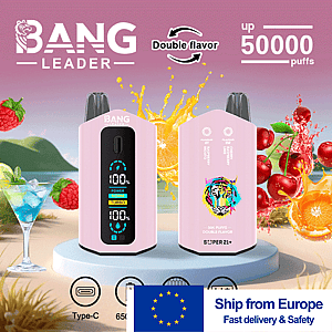 Two pink Bang Leader vape devices on a circular platform at a beach setting, one with a blue digital display and the other with a tiger logo, surrounded by fruit imagery and splash graphics, advertising double flavor and up to 50,000 puffs with a Europe shipping badge.