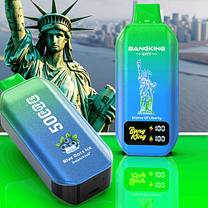 Two gradient vape pods in the foreground, upright with Statue of Liberty graphic, tilted with 50GODS Blue Razz Ice.