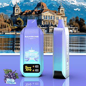Zwei violette Vape-Geräte mit Farbverlauf auf einer glänzenden Oberfläche, mit einem Palast an einem See und Bergen im Hintergrund; .