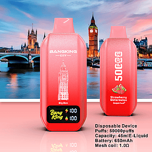 Zwei rosa Einweg-Vape-Geräte vor der Skyline von London mit Big Ben.