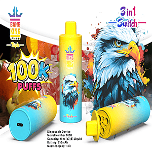 Disposable vape device by Bang King, with a yellow cap and blue-to-yellow gradient body showing an eagle graphic and '100K Puffs' branding, displayed with its cylindrical bottle against a colorful background.