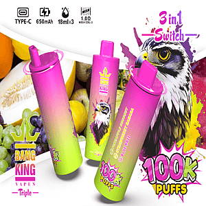 Three gradient pink-to-green vape pens with Bang King branding, a bold 3 in 1 Switch header and 100K Puffs graphic, set against a fruit-filled background.