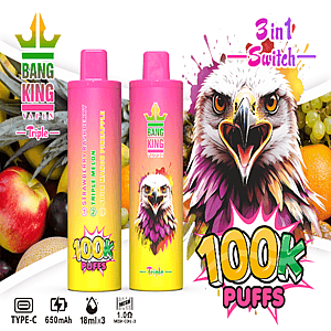 Bright Bang King Vapen ad featuring two pink gradient vape bottles with a bold eagle graphic, the 100K PUFFS label and a 3 in 1 Switch badge against a colorful fruit background.