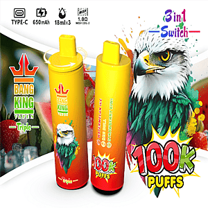 Two yellow disposable vape pens with a red gradient base stand upright beside a bold eagle illustration and colorful splash graphics, featuring Bang King Vape branding and large '100K Puffs' and '3 in 1 Switch' text.