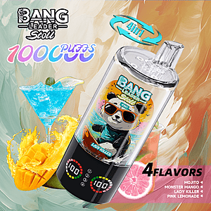 Een heldere promotie-illustratie van een Bang Leader Stoll 4-in-1 vape-apparaat, met een doorzichtige fles met een panda met een zonnebril op het etiket, omgeven door een blauwe cocktail, tropisch fruit en de lijst met vier smaken: Mojito, Monster Mango, Lady Killer en Pink Lemonade.