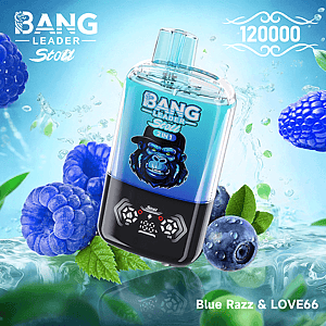 Werbebild eines blauen Bang Leader Stoll 2-in-1-Geräts mit Gorilla-Logo vor einem kühlen blauen Hintergrund mit blauen Himbeeren und Blaubeeren und dem Geschmacksnamen 'Blue Razz & LOVE66' in der unteren Ecke.