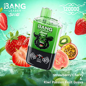 Green Bang Leader Stoll 2-in-1-Flasche mit Gorilla-Logo, schräg auf minzigem Hintergrund, umgeben von Erdbeeren, Kiwis und Passionsfrucht, mit den Geschmacksnoten Erdbeerkirsche und Kiwi-Passionsfrucht-Guave.