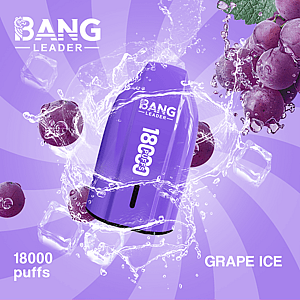 Un appareil de vape jetable Bang Leader violet comprenant 18 000 bouffées, saveur Grape Ice, illustré avec des raisins et des glaçons sur fond violet.