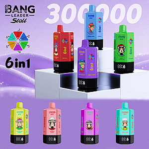 黒いベースと漫画のラベルが付いた明るい色の Bang 6in1 ボトルの列は、紫色の背景に対して白いプラットフォーム ブロック上に配置され、円形のカラー ホイール グラフィックと太字の「6in1」テキストが左側に表示されます。.