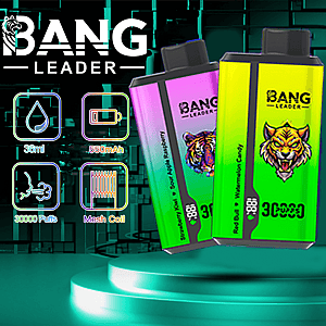 Imagen promocional brillante que muestra cápsulas de vapeo desechables Bang Leader en verde neón y morado con el logo de un tigre, en un escenario iluminado en verde azulado;.