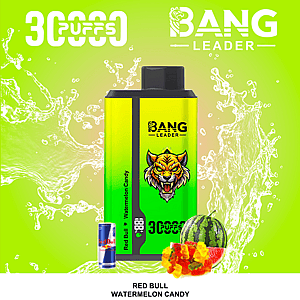 Mod de vapeo Bang Leader de color verde neón con un atrevido logotipo de tigre, una franja vertical negra y una etiqueta de Watermelon Candy, sobre un fondo de salpicaduras de lima con imágenes decorativas de sandías y dulces y texto de 30,000 caladas.