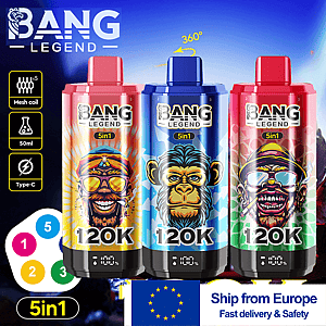 Tre bottiglie di succo di vape Bang Legend 5in1 con grafica colorata a tema scimmia e marchio 120K (rosa, blu e rosso) disposte su uno sfondo blu sfumato; .