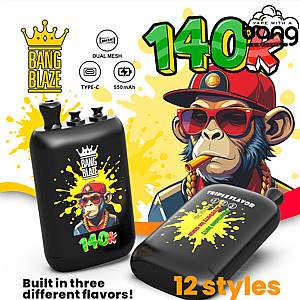 Two black Bang Blaze vape devices with yellow paint-splatter logos, bold 140k label, and 12 styles.