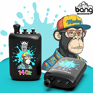 Cartoon chimp in a colorful cap and Hawaiian shirt beside two black Bang disposable vape devices with turquoise splash art.