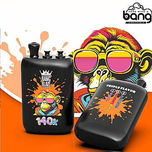 Two black disposable vape devices with orange splash graphics; a colorful monkey wearing pink sunglasses appears in the background.