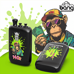 Cartoon monkey in a cap and sunglasses holds cash beside two black vape devices with neon green paint splats and Bang brand.