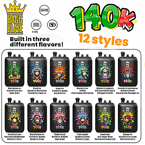 Bang Blaze energy drink bottles in two rows, 12 styles with colorful labels and fruit flavors.