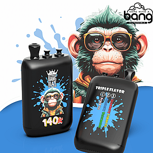 Two black vape juice bottles with blue splash artwork, Bang Blaze and Triple Flavor, plus a monkey backdrop
