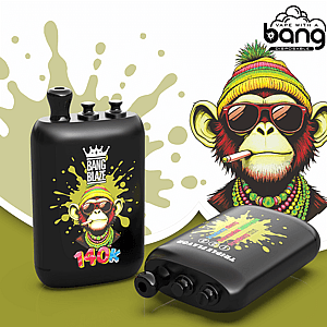 Two black vape pods featuring a cartoon monkey wearing sunglasses and beads against splash background; 140K label.