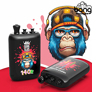 Black vape devices featuring a cartoon blue monkey with glasses and orange cap; large gorilla with headphones in background.