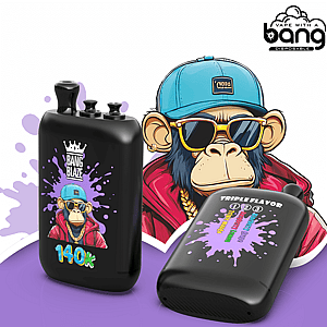 Two black disposable vape devices with purple splash graphics and a cartoon monkey wearing a blue cap and yellow sunglasses.