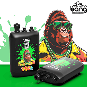 Black disposable vape with Bang Blaze label featuring a cartoon gorilla in a yellow jacket and green sunglasses, green splash art.