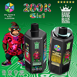 Two black vape bottles with colorful labels, a cartoon monkey in a red shirt, and 2000K Gin branding on a green patterned background.