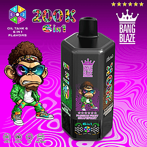 Black Bang Blaze 6in1 vape bottle with Passion Fruit Grapefruit on a purple swirl background