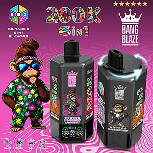 Vibrant Bang Blaze 6 in 1 vape ad with a tropical monkey mascot and two black bottles on a pink‑purple gradient background