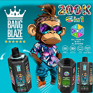 Cartoon monkey in a floral shirt and mirrored sunglasses stands beside black vape mods with Bang Blaze branding.