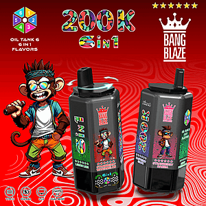 Two Bang Blaze 6-in-1 vape bottles with a cartoon monkey mascot on a red swirl background; flavors Strawberry Watermelon and Strawberry Mamba.