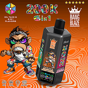 Bright orange packaging shows a black Bang Blaze vape bottle with colorful graphics, a cartoon monkey in a floral shirt, and 6-in-1 flavors.