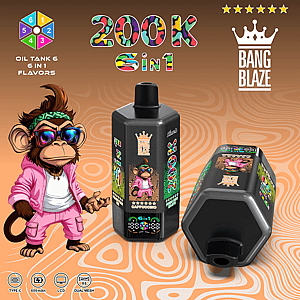 Monkey in pink outfit and sunglasses beside a black Bang Blaze vape bottle with rainbow SIN1 label on an orange backdrop.